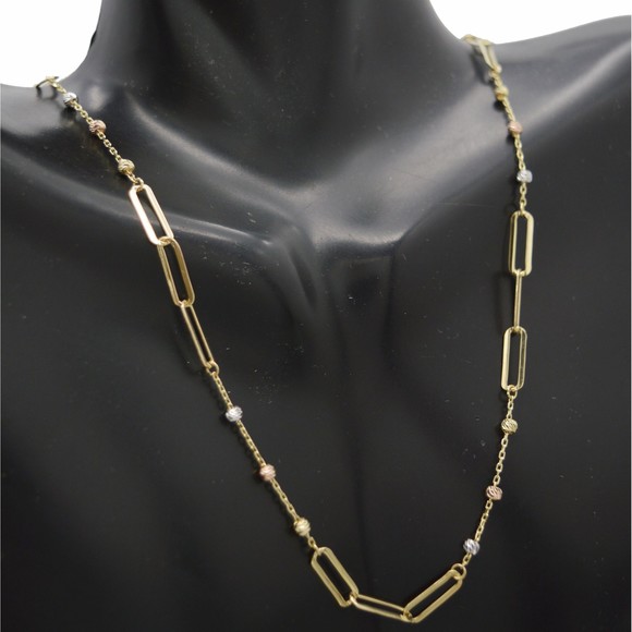 Real 14K Tri-color Gold Beads 16/18" Paperclip & Cable Chain Necklace 3.3 grams - Picture 1 of 9